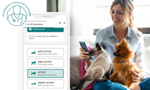 Woman on couch finding the right dog food for her dog and cat, who are sitting on her lap