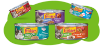 Friskies wet cat food on green, cloud shaped background