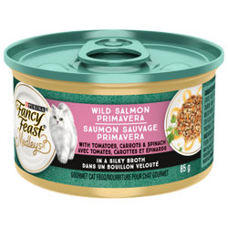 Fancy Feastᴹᴰ Mélanges Saumon Sauvage Primavera avec Tomates, Carottes et Épinards dans un Bouillon Velouté Nourriture Humide pour Chats