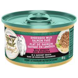 Fancy Feastᴹᴰ Mélanges Plat de Saumon Sauvage en Lanières avec Épinards dans un Bouillon Savoureux Nourriture Humide pour Chats