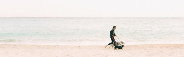 woman running on a beach with her two dogs
