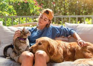 women with a hat petting a cat and a dog sitting on a couch