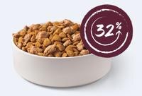 32% sign on top of kibble in a bowl