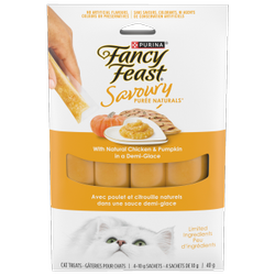 Fancy Feastᴹᴰ Savoury Purée Naturalsᴹᴰ avec Poulet et Citrouille Naturels dans une Sauce Demi-Glace Gâteries pour Chats 4 x 10 g