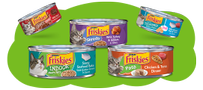 Friskies wet cat food on green, cloud shaped background