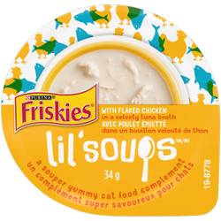 Friskies Lil’ Soups avec Poulet Émietté dans un Bouillon Velouté de Thon