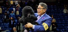 Caniche miniature nommée « Sage » et son maître Kaz Hosaka