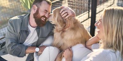 Two dog owners smile and cuddle with a dog on a couch