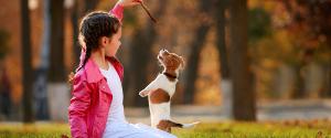 A young girl playing with a puppy