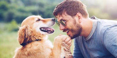 golden retriever and owner at a park