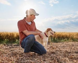 farmer on a field with his dog