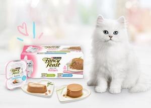 kitten standing next to a lineup of fancy feast wet kitten food products