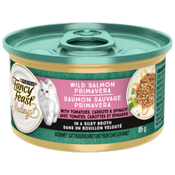 Fancy Feastᴹᴰ Mélanges Saumon Sauvage Primavera avec Tomates, Carottes et Épinards dans un Bouillon Velouté Nourriture Humide pour Chats
