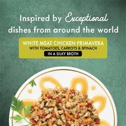 Inspired by exceptional dishes from around the world - white meat chicken primavera with tomatoes, carrots and spinach in a silky broth