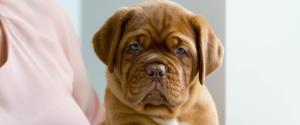 Un chiot brun regardant la caméra