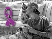 A woman petting a dog and touching faces with a cat. The 'Purple Leash Project' ribbon overlaid on the left side of the image.